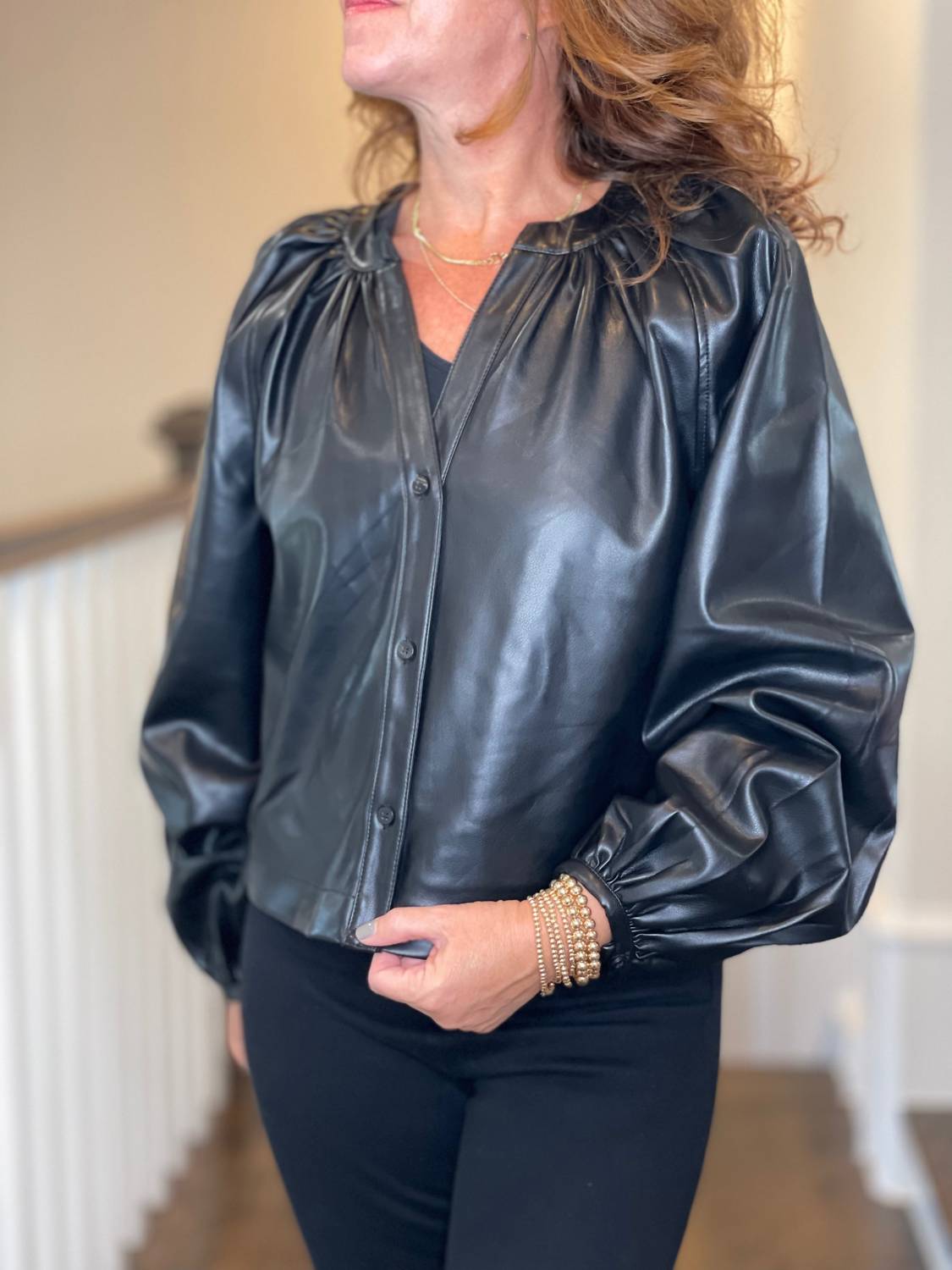 Dolce Cabo - Vegan Leather Button Down Peasant Top
