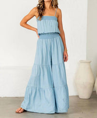 Sew In Love - Relaxed Fit Smocked Tiered Wide Leg Jumpsuit