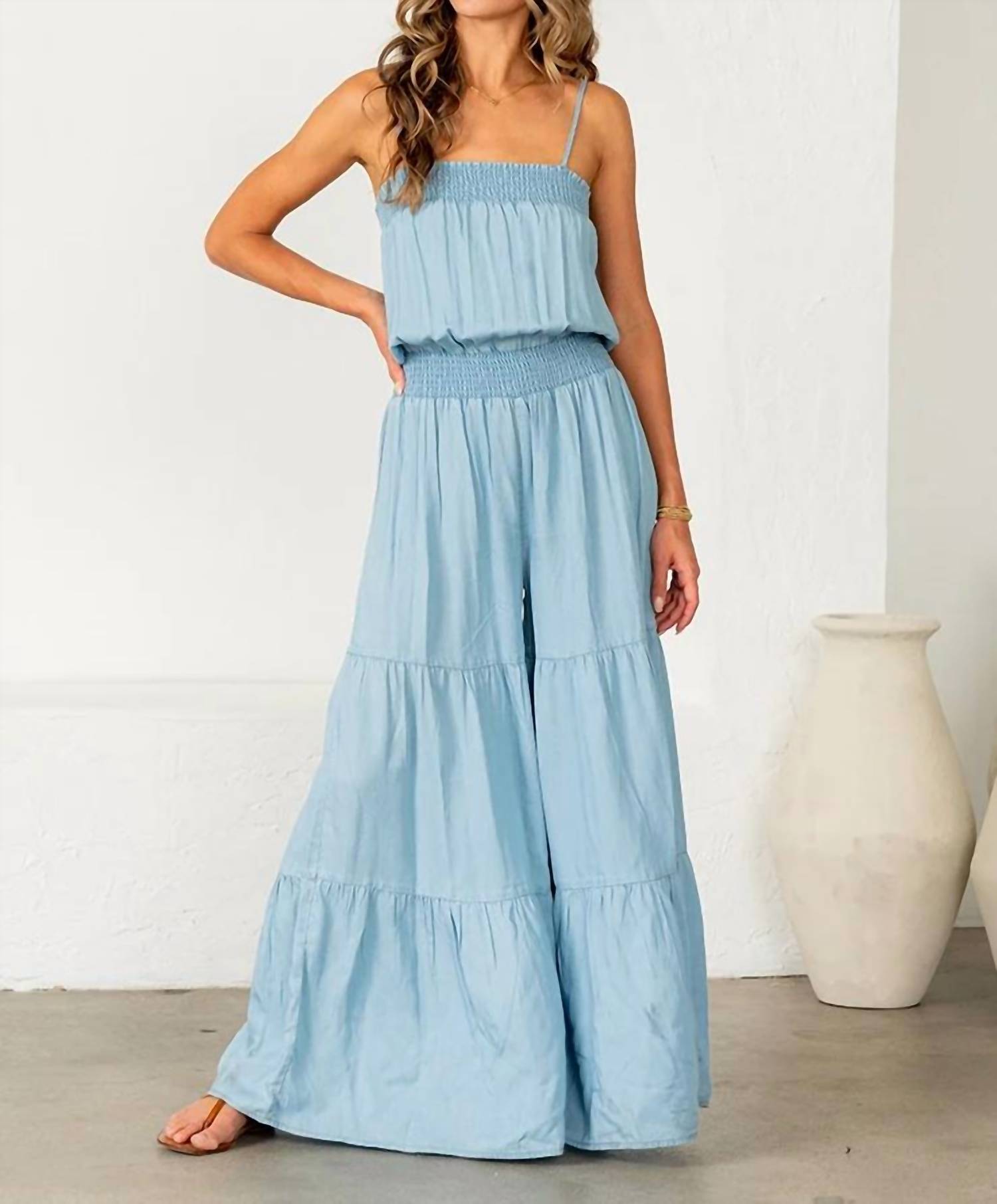 Sew In Love - Relaxed Fit Smocked Tiered Wide Leg Jumpsuit