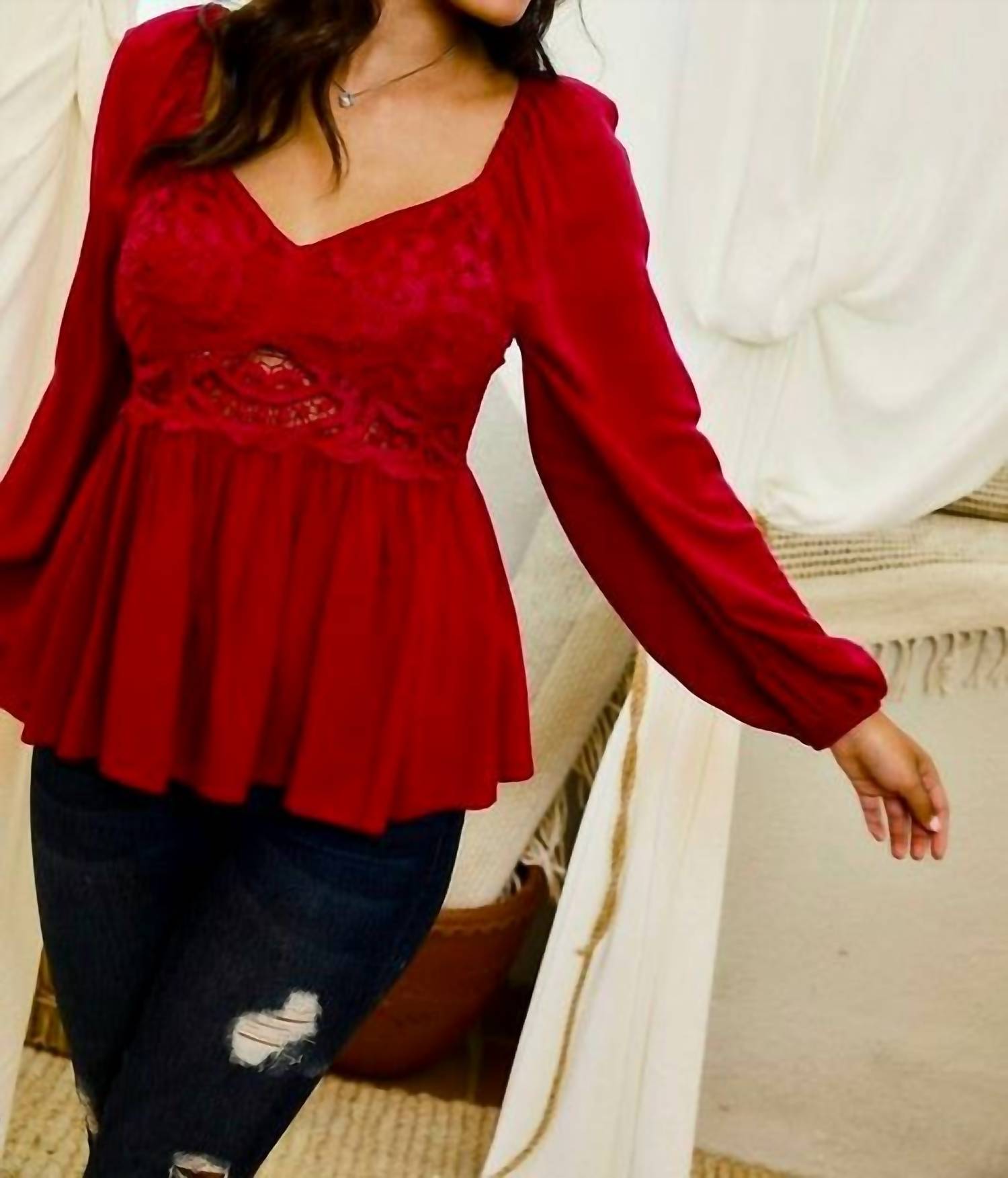 Main Strip - Crochet Front Smocked Back Peplum Top