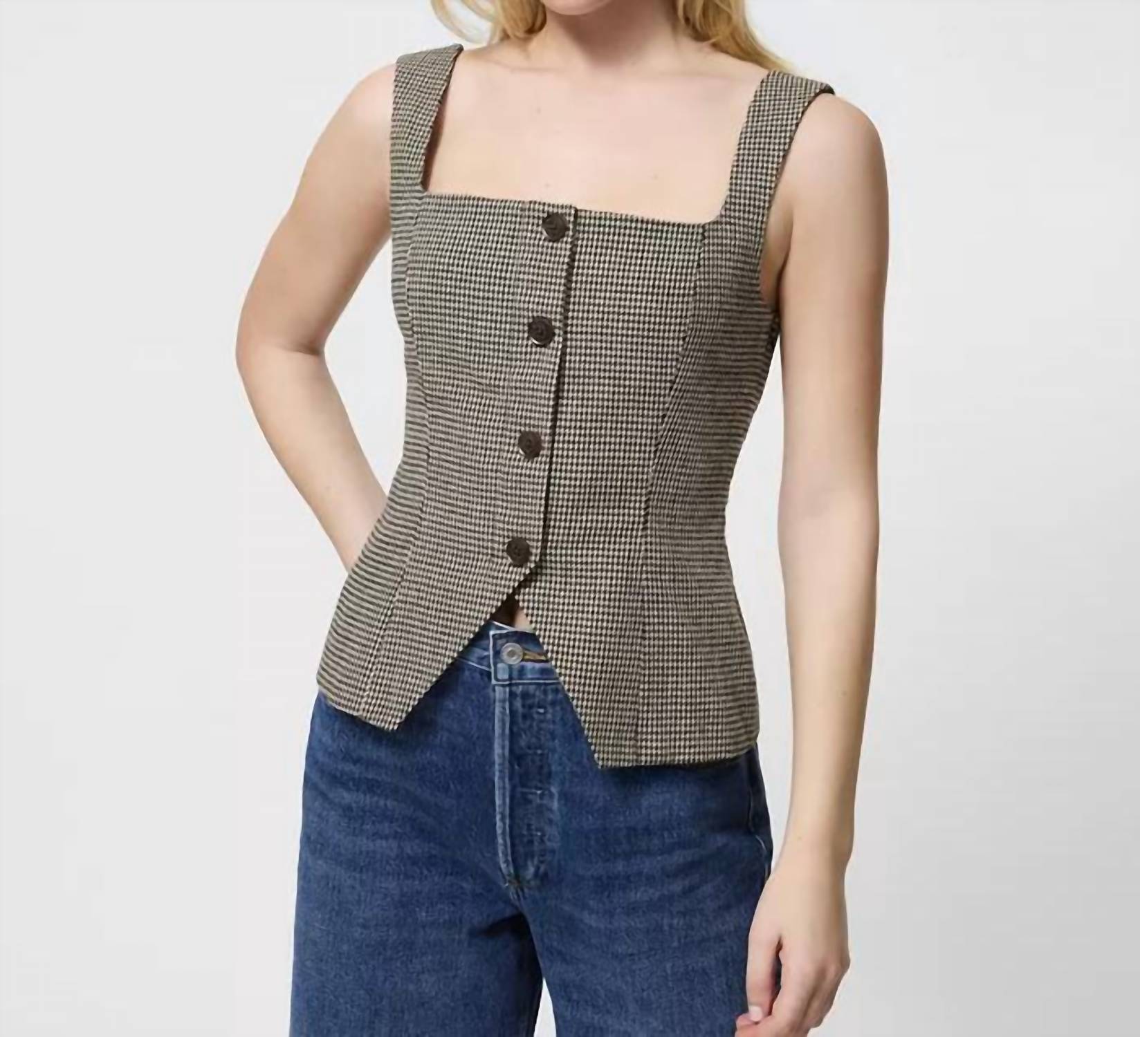 FRENCH CONNECTION Houndstooth Wool Sleeveless Top in brown multi - women's shirt - detail view