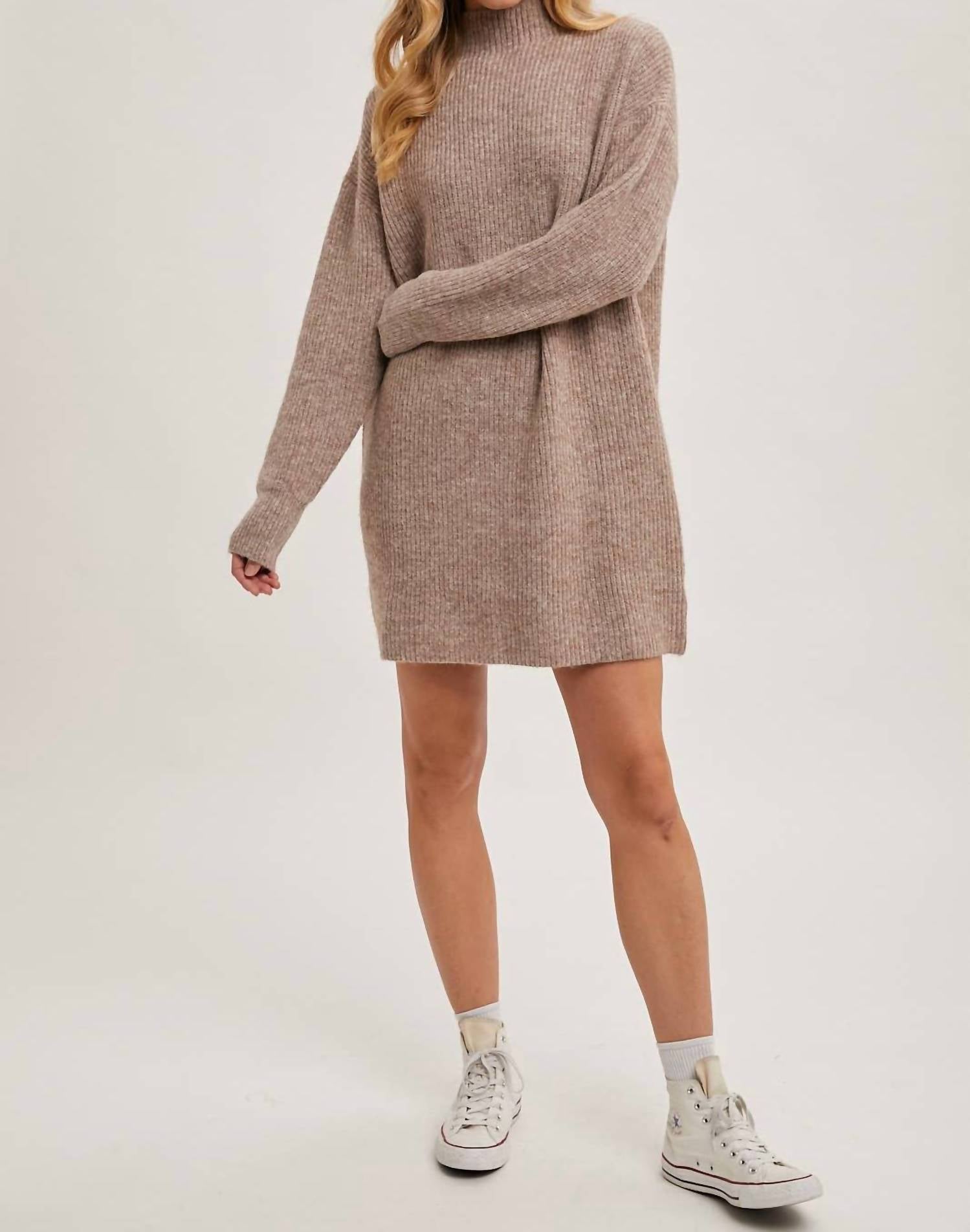 BluIvy Mock Neck Knit Sweater Mini Dress in latte - women's dress - view 6
