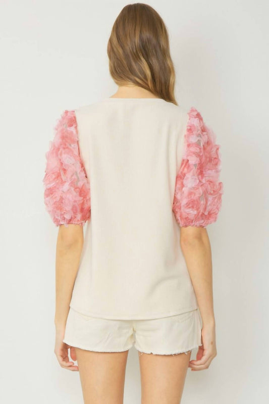 Entro - Ribbed 3d Floral Sleeved Top
