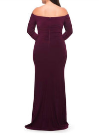 La Femme Off the Shoulder Jersey Ruched with Sleeve in berry - women's dress - detail view