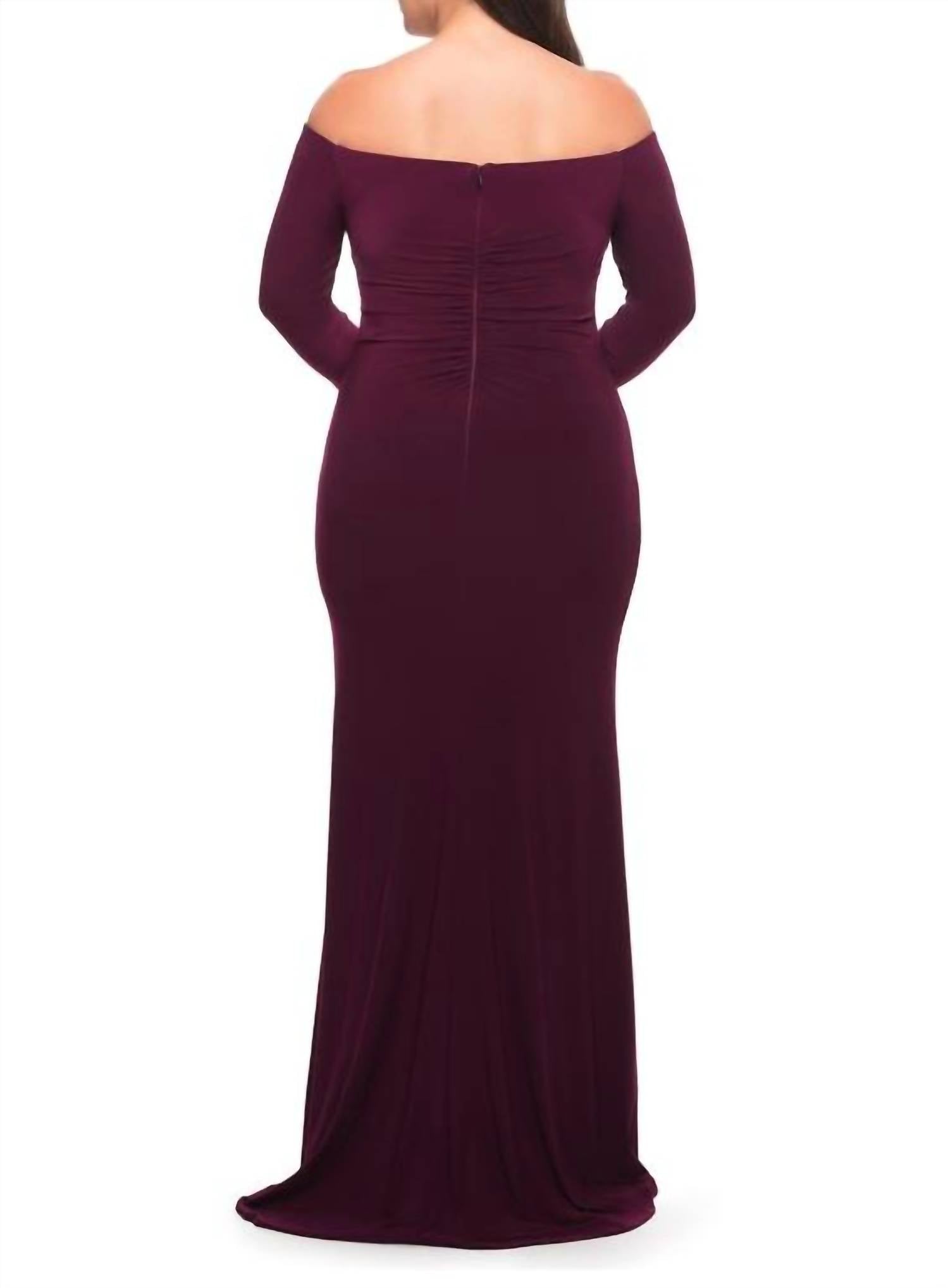 La Femme Off the Shoulder Jersey Ruched with Sleeve in berry - women's dress - detail view