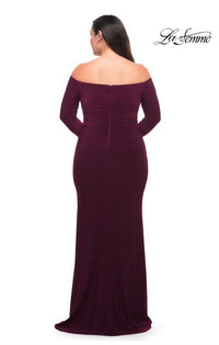 La Femme Off the Shoulder Jersey Ruched with Sleeve in berry - women's dress - alternate view