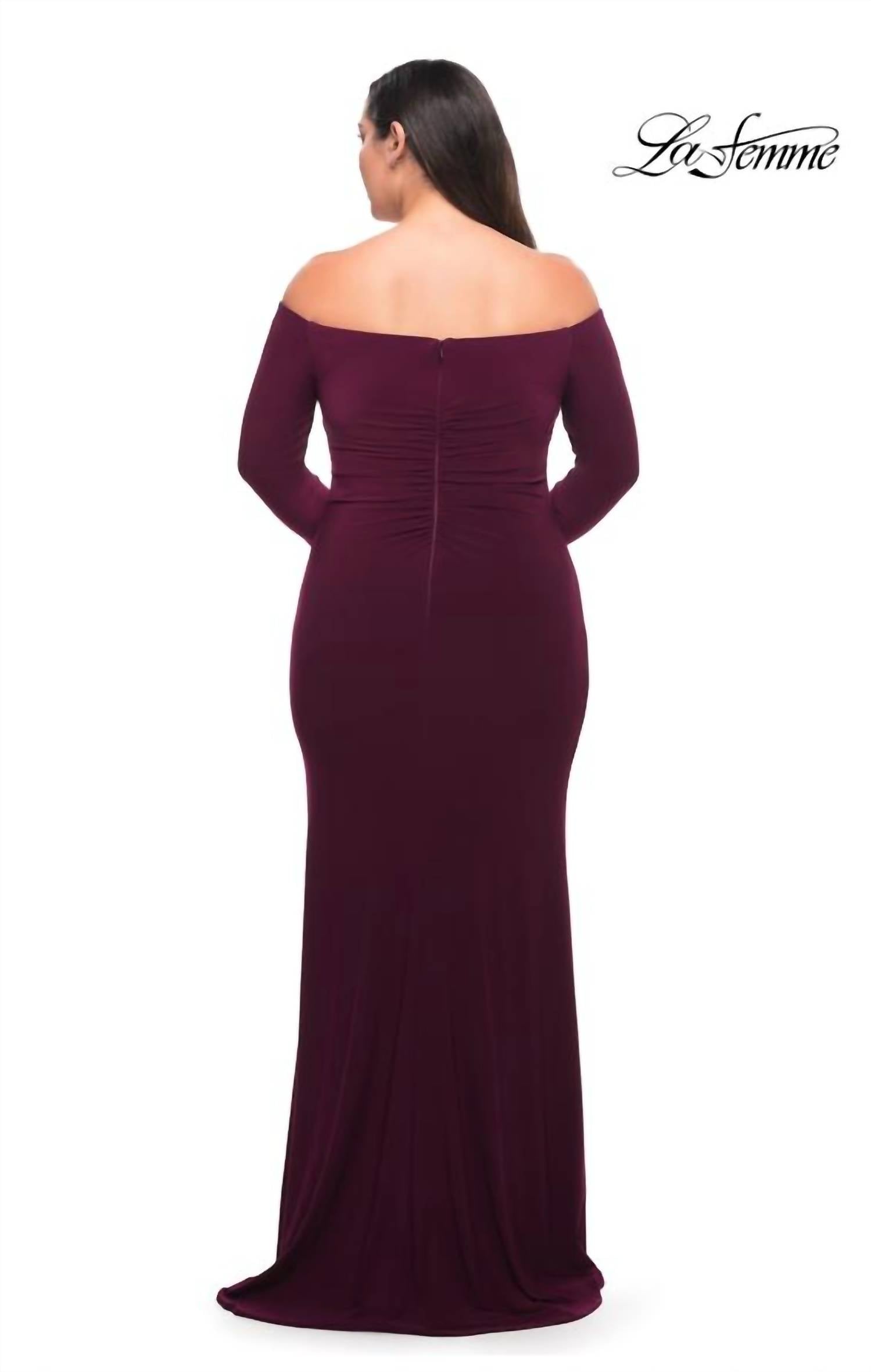 La Femme Off the Shoulder Jersey Ruched with Sleeve in berry - women's dress - alternate view