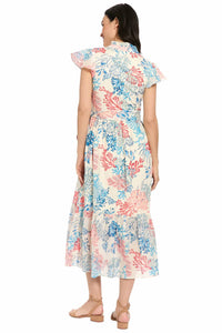 London Times - Ruffle Neck Flutter Sleeve Midi Dress