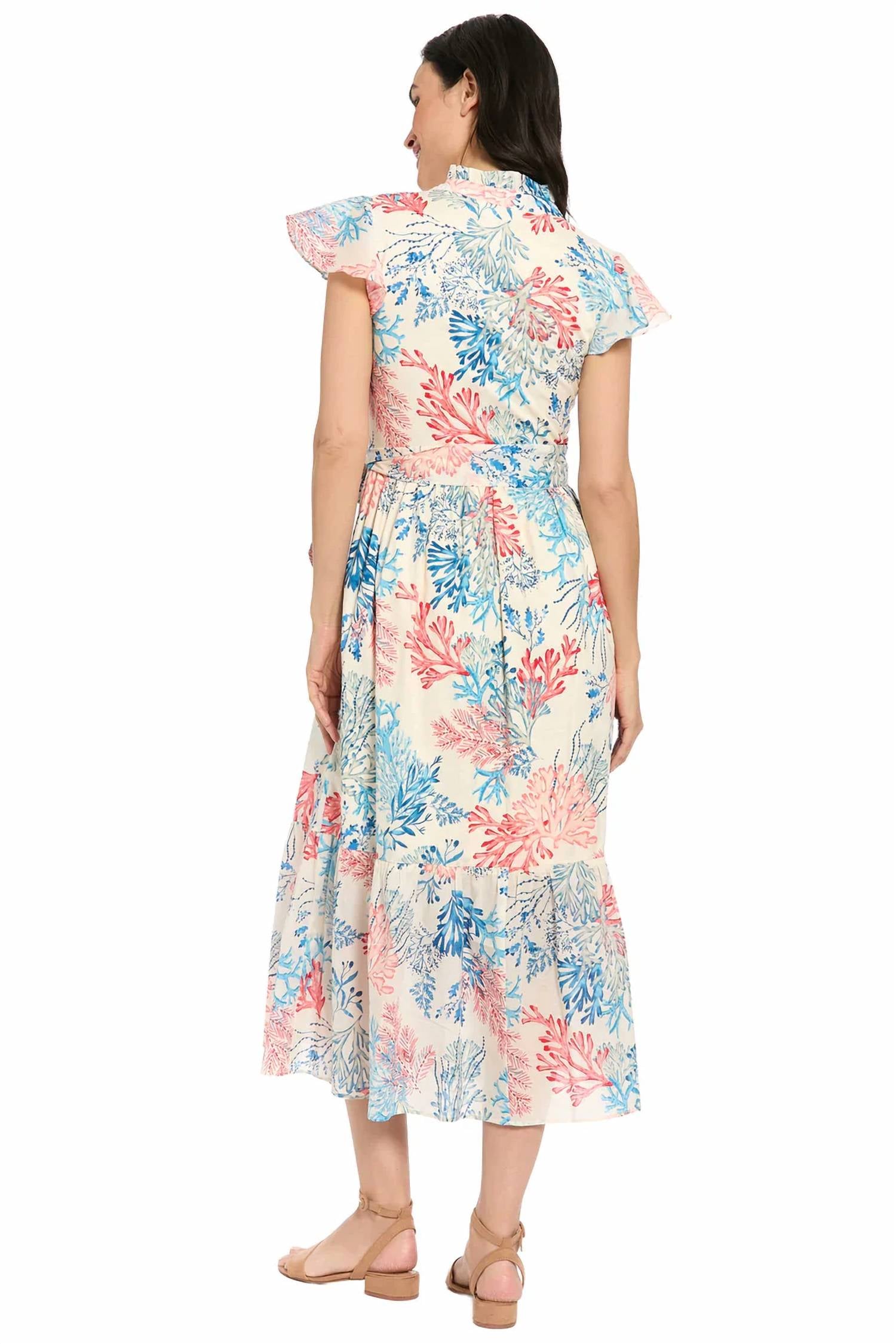 London Times - Ruffle Neck Flutter Sleeve Midi Dress