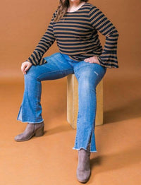 Flying Tomato - Stripe Ruffle Sleeve Top - Plus