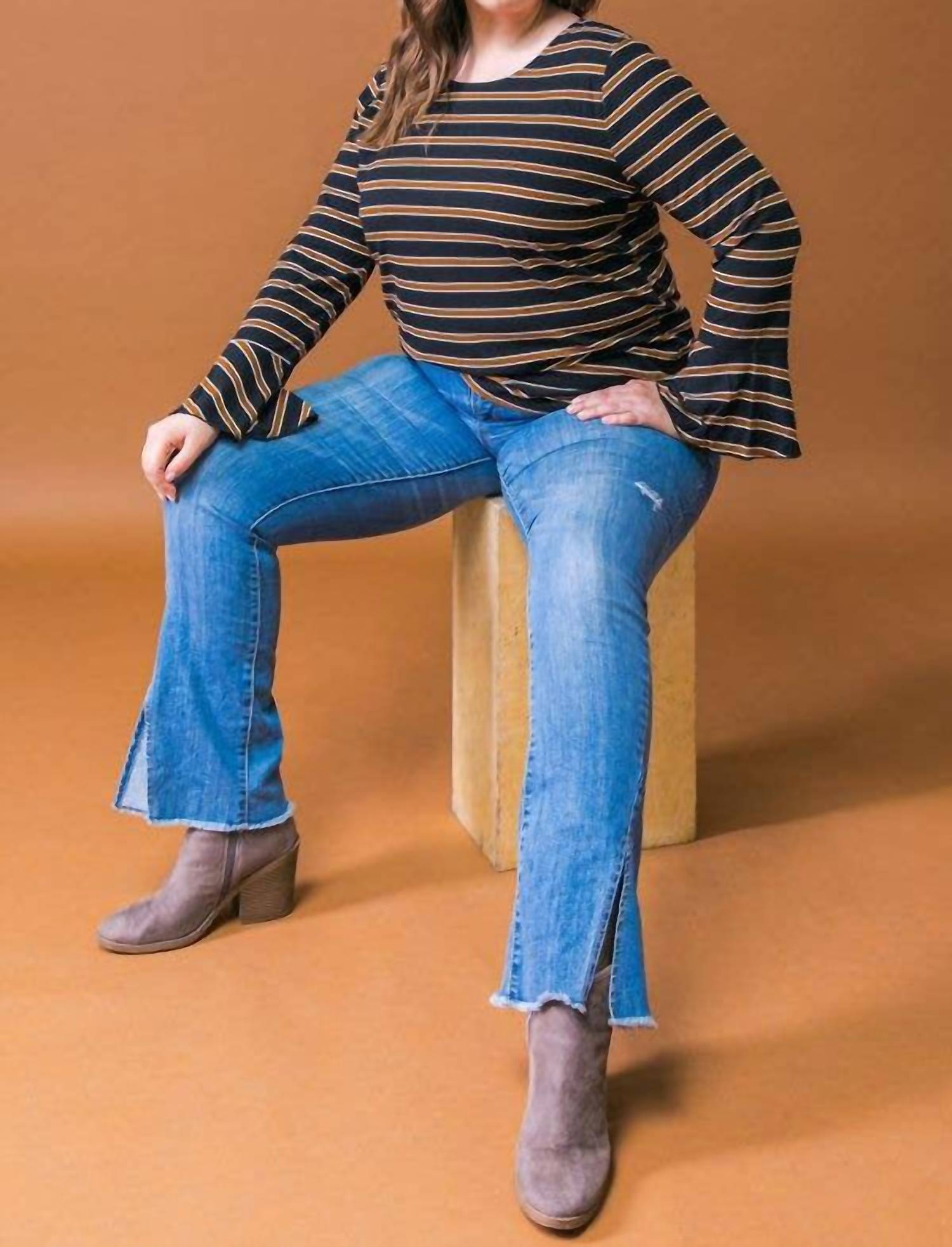 Flying Tomato - Stripe Ruffle Sleeve Top - Plus