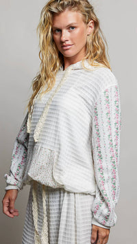 Pol - Kangaroo Pocket Mixed Knit Contrast Sleeve Hooded Pullover