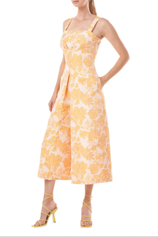 Kay Unger - Sleeveless Square Neck Empire Waist Floral Two-tone Jacquard Jumpsuit