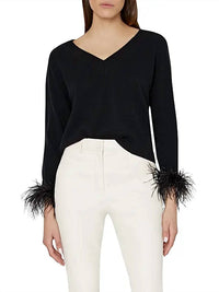 Milly - Feather Cuff V-Neck Sweater