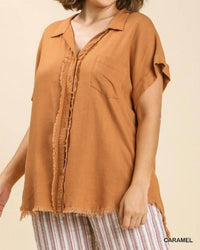 Umgee - Linen Button Front Fray Hem Top - Plus