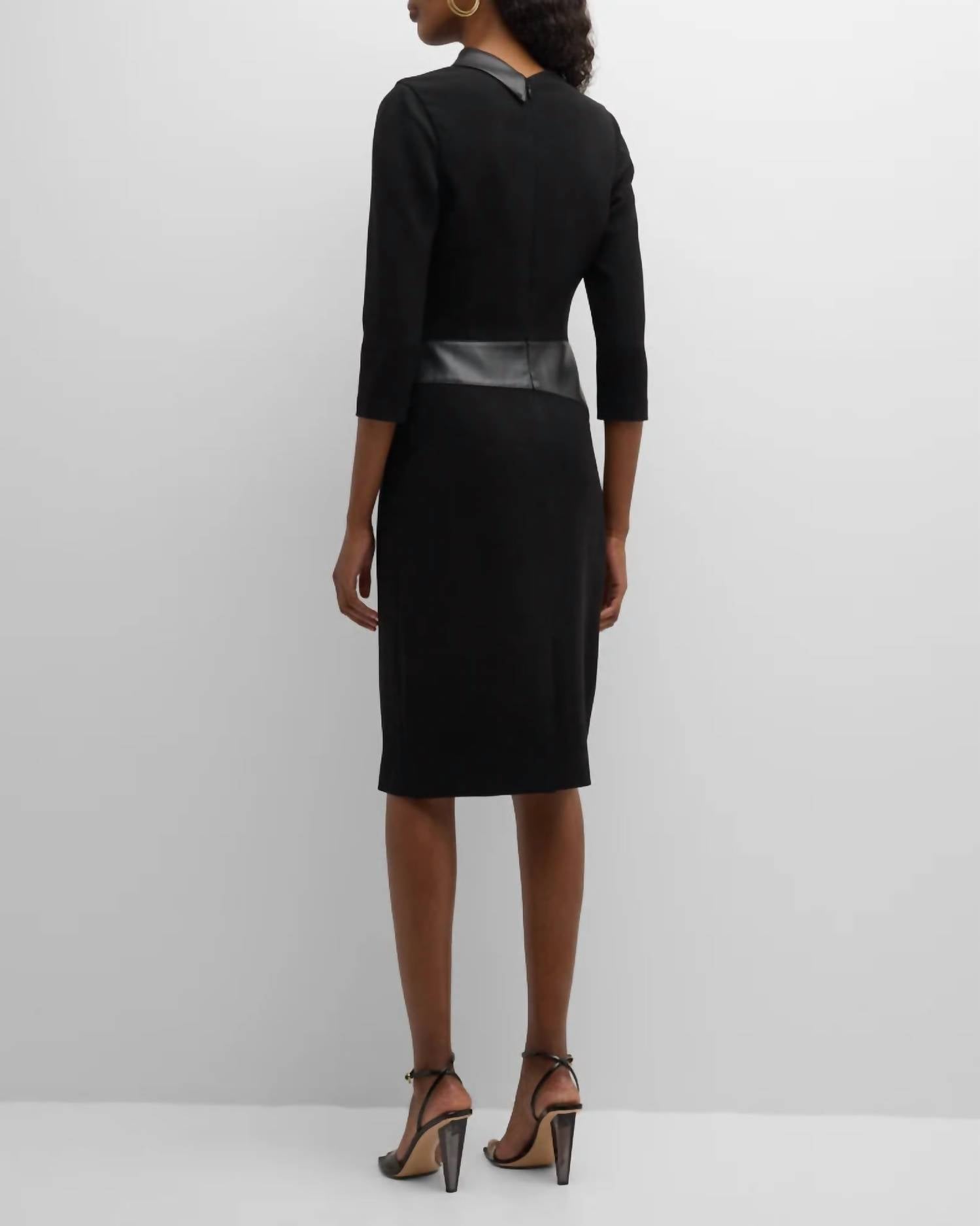 Teri Jon - Faux Leather Trim Crepe Dress
