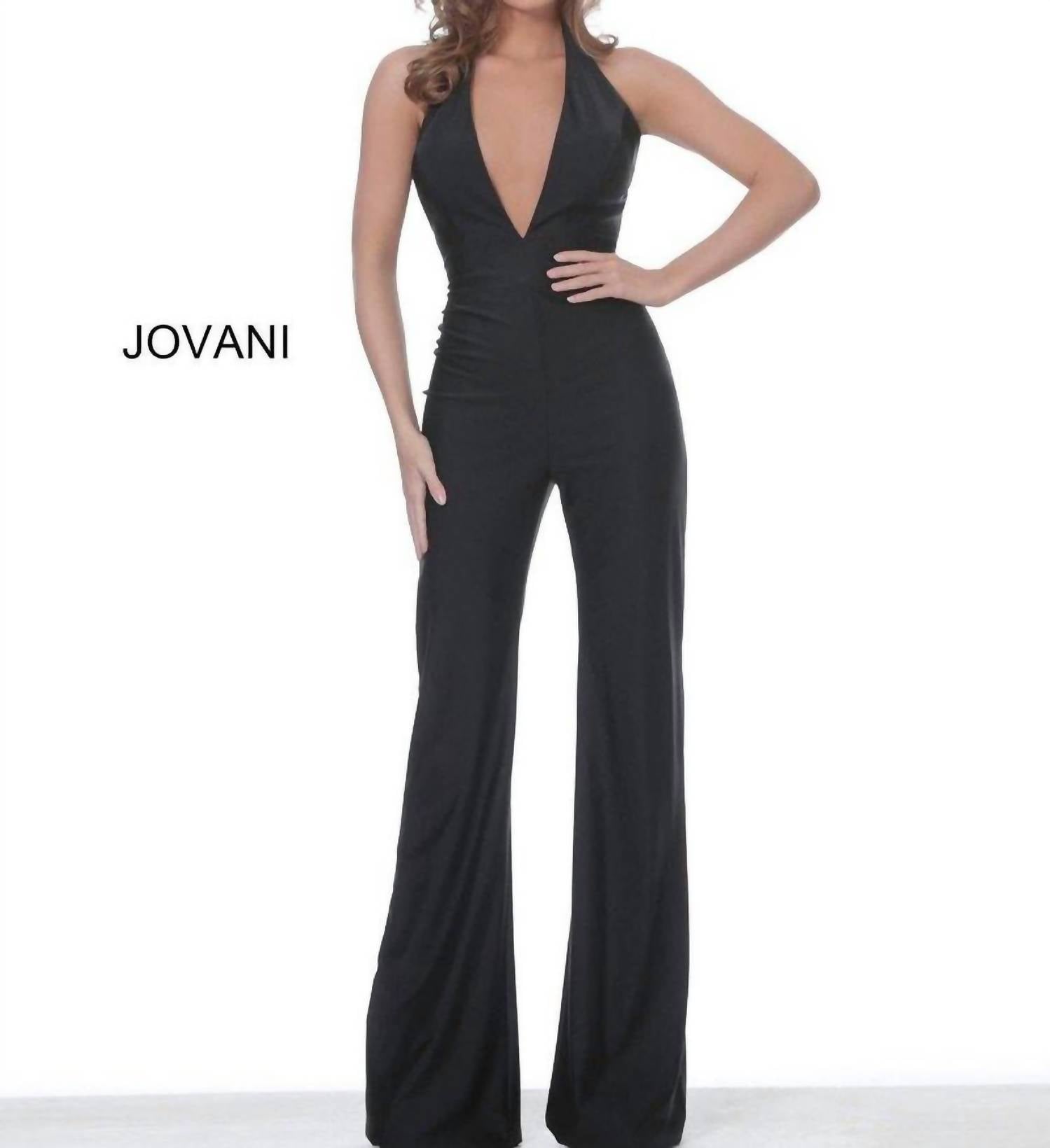 Jovani - Halter Neckline Backless Jumpsuit