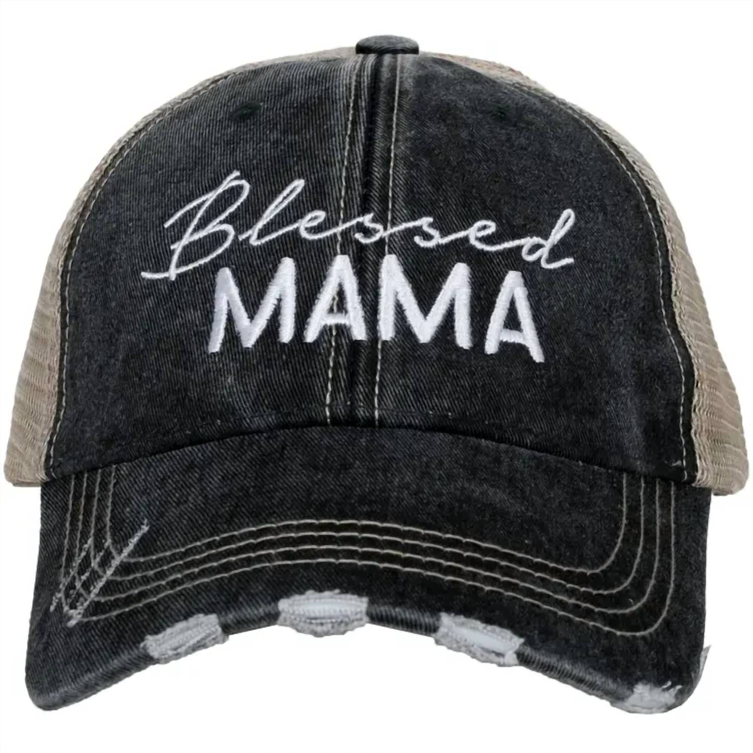 Katydid - Women's Blessed Mama Script Embroidered Distressed Trucker Hat