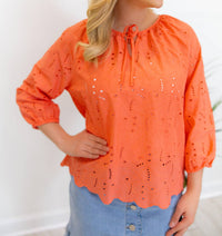CHARLIE B 3/4 Raglan Sleeve Blouse With Ties At Notch Neckline in orange - women's blouse