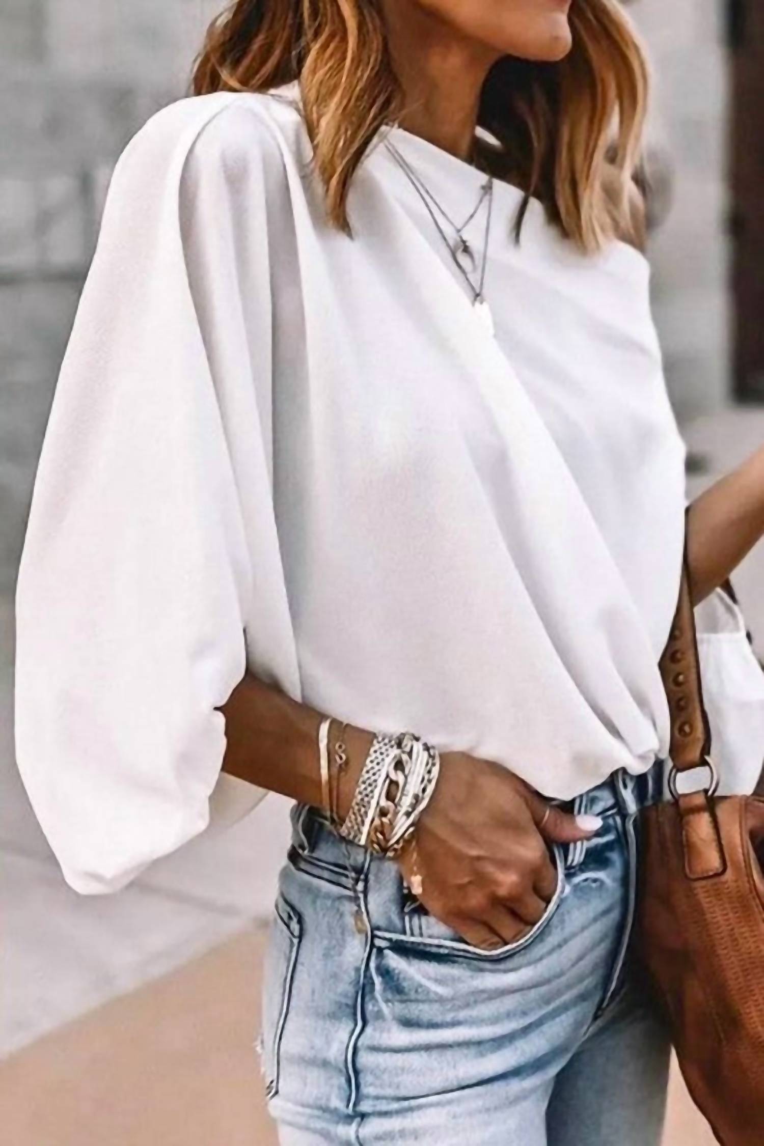 Mazik - Wide Boat Neck Puff Sleeve Detail Loose Fit Blouse