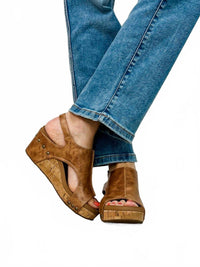 Corkys Footwear Women's Carley Wedge Sandal in cognac distressed - women's shoe - detail view