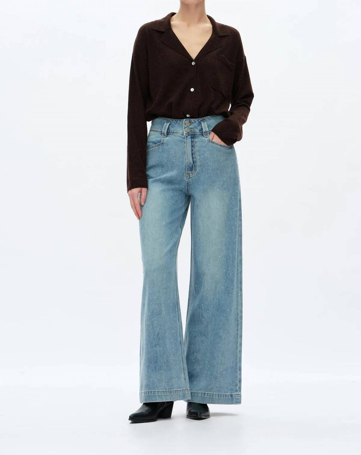 Bayeas - Super High Rise Rhinestone Wide Leg Jeans