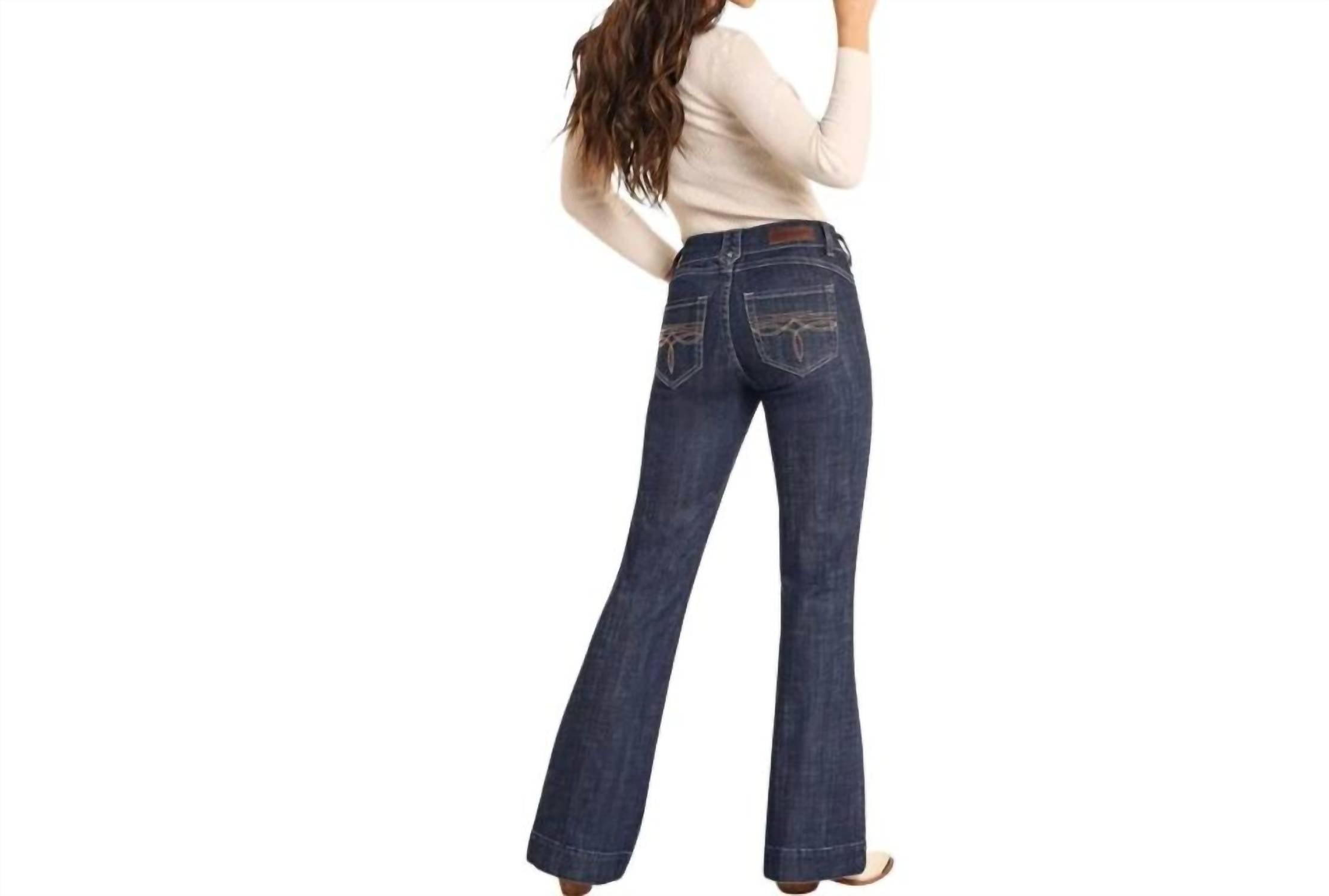 Rock & Roll Denim Diamond Belt Loop Mid Rise Trouser in dark wash - women's pants - detail view