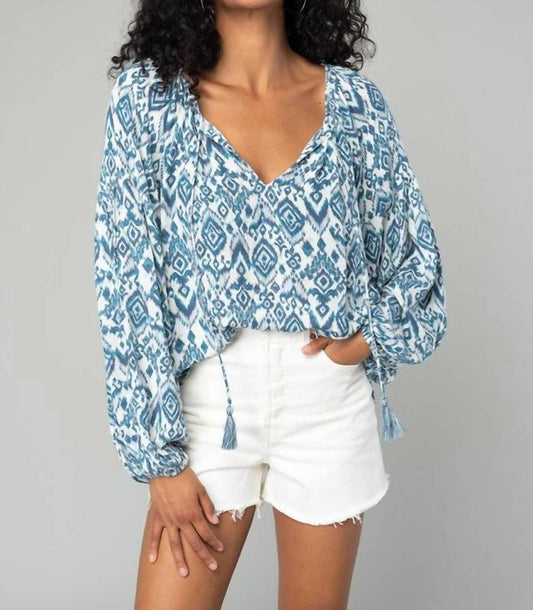 Lovestitch - Geo Print Bishop Long Sleeve Split Neck Blouse