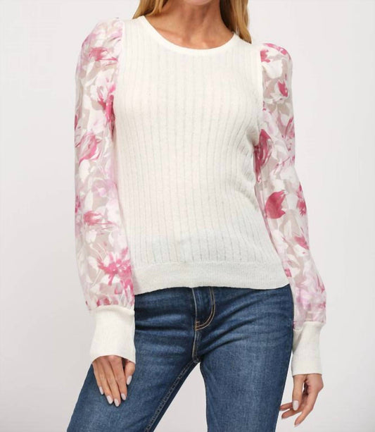 Fate - Floral Print Organza Sleeve Cable Knit Sweater