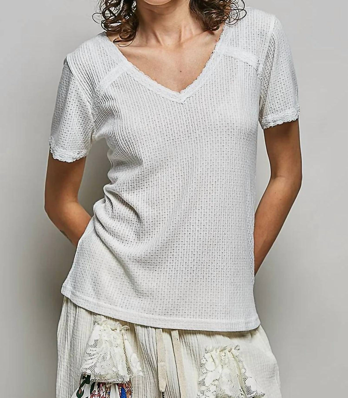 Pol - V-neck Lace Trim Top