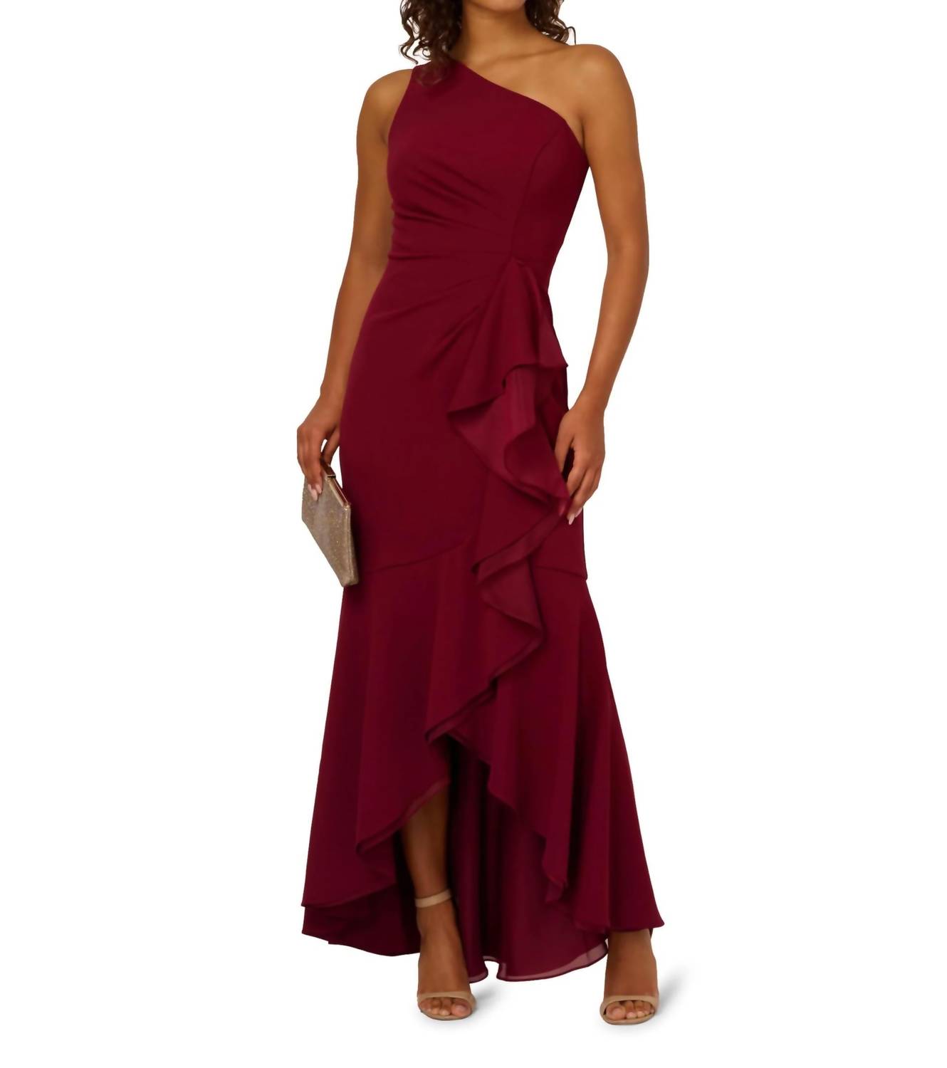 Adrianna Papell - Crepe One Shoulder Ruffle Gown