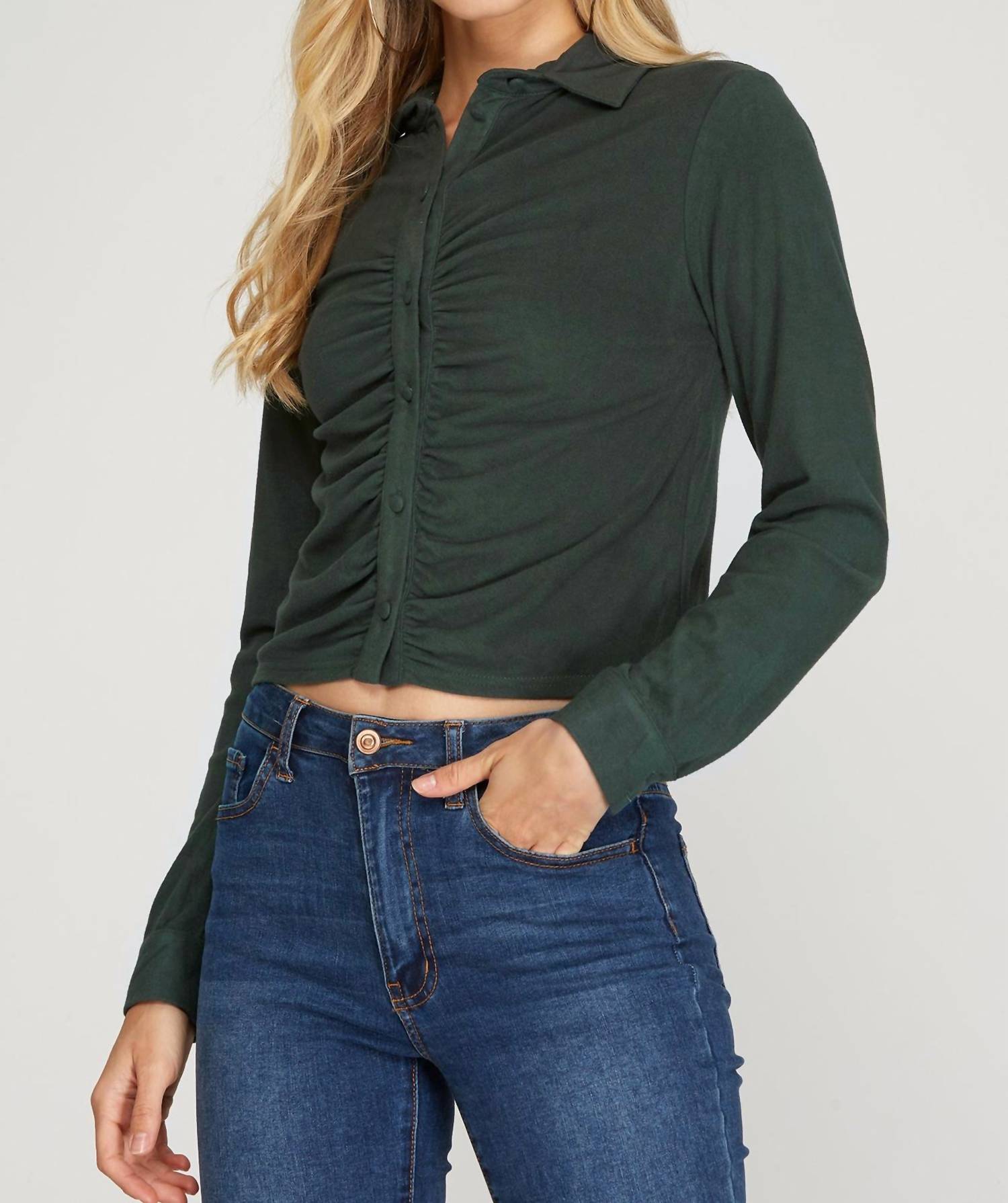 She + Sky - Long Cuff Sleeve Brushed Stretch Knit Top