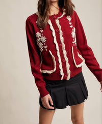 Listicle - Daisy Embroidered Trim Cardigan Sweater