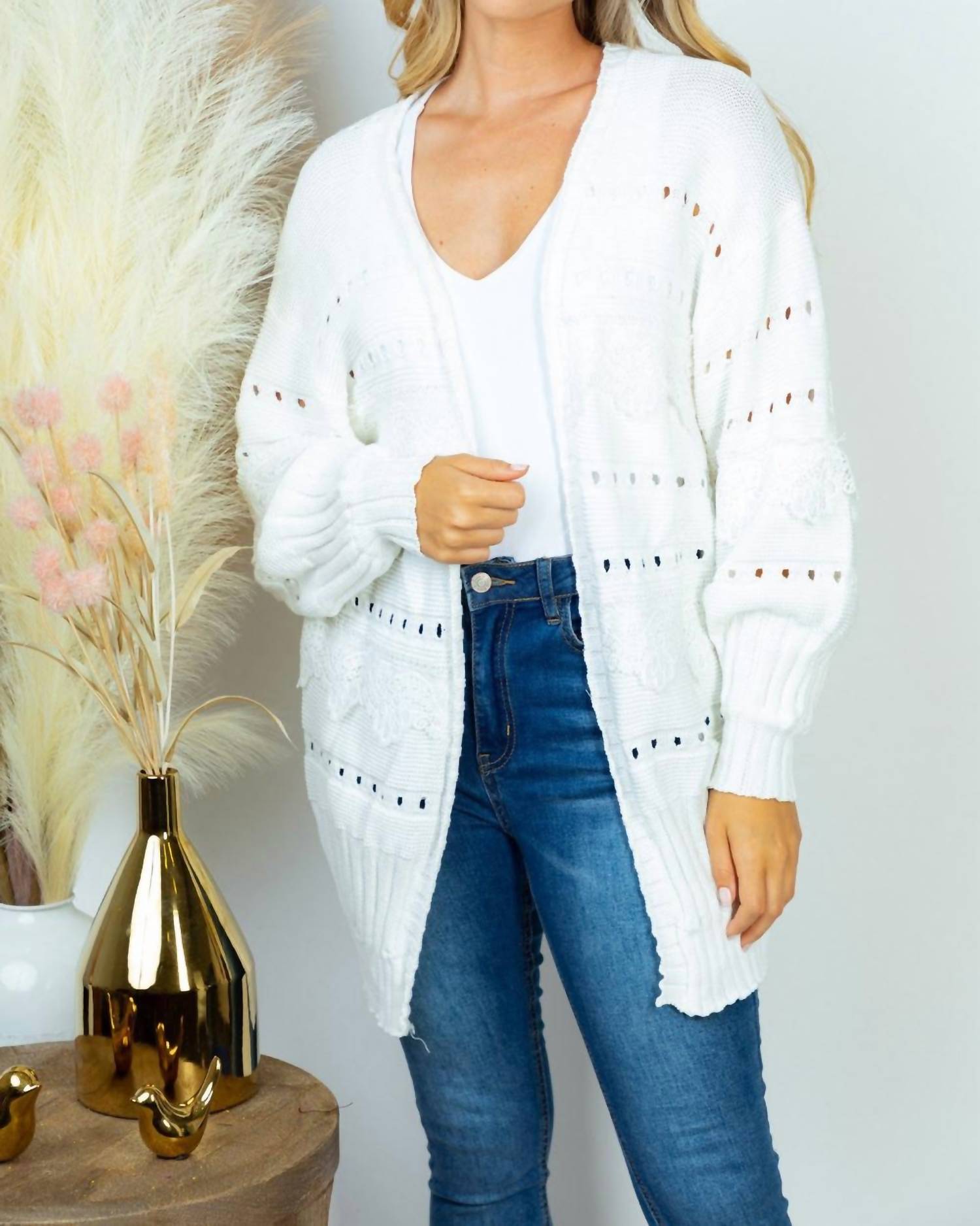 White Birch - Women's Open Front Eyelet Detail Cardigan