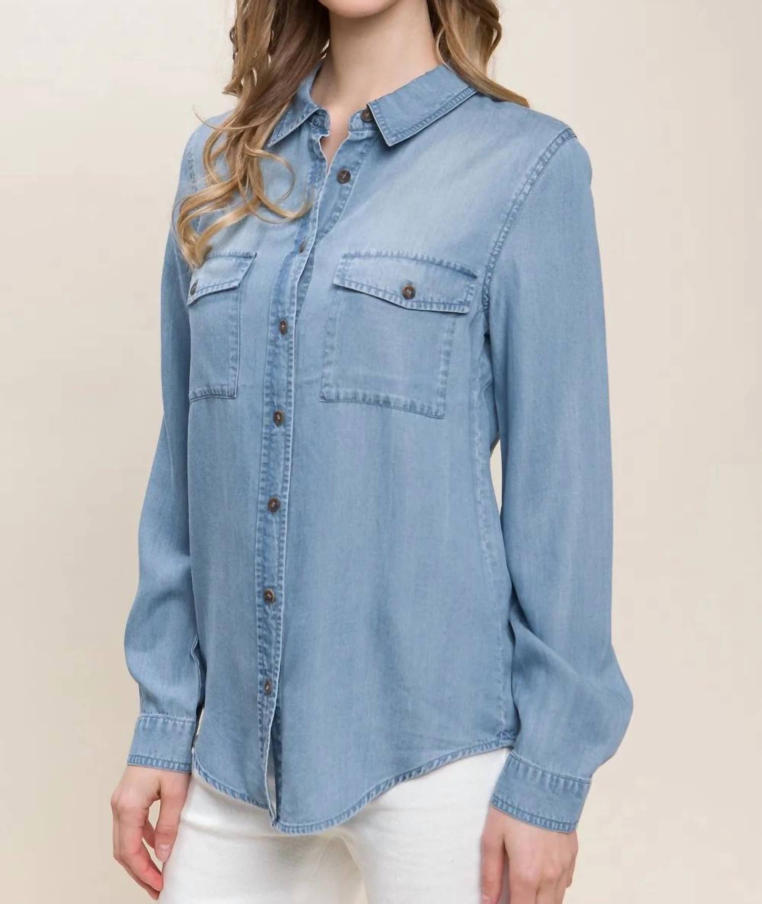 Love Tree - Scooped Hem Button Up Denim Shirt