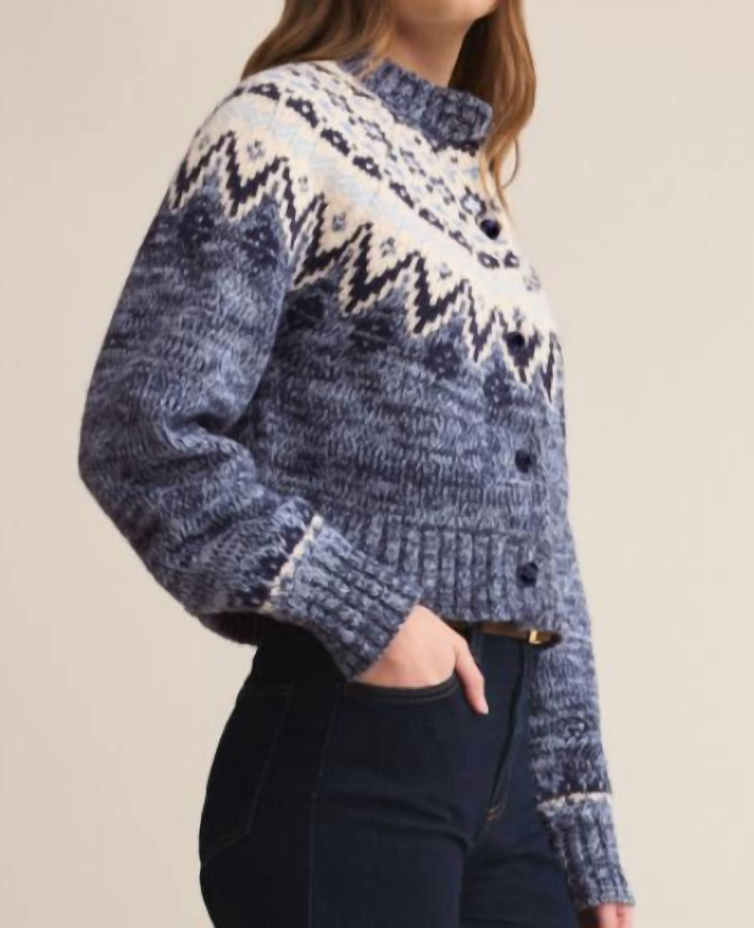 DEAR JOHN DENIM North Sea Fairisle Cardigan in blue - women's cardigan - detail view