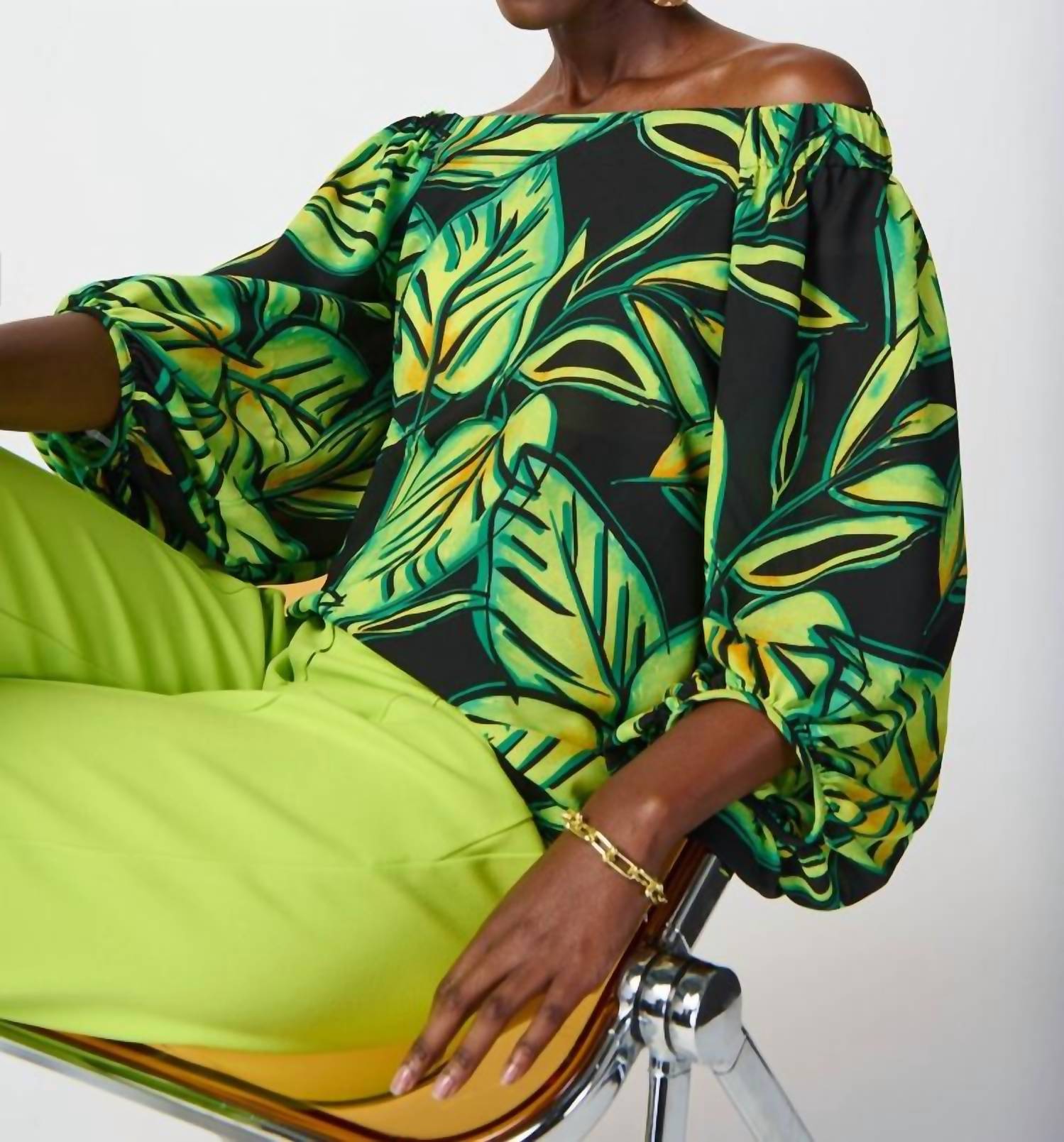Joseph Ribkoff Lilibeth Leaf Printed Georgette Off The Shoulder Top in multi - women's blouse - view 4