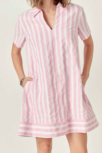 English Factory Stripe Jacquard Mini Shirtdress in pink white - women's dress