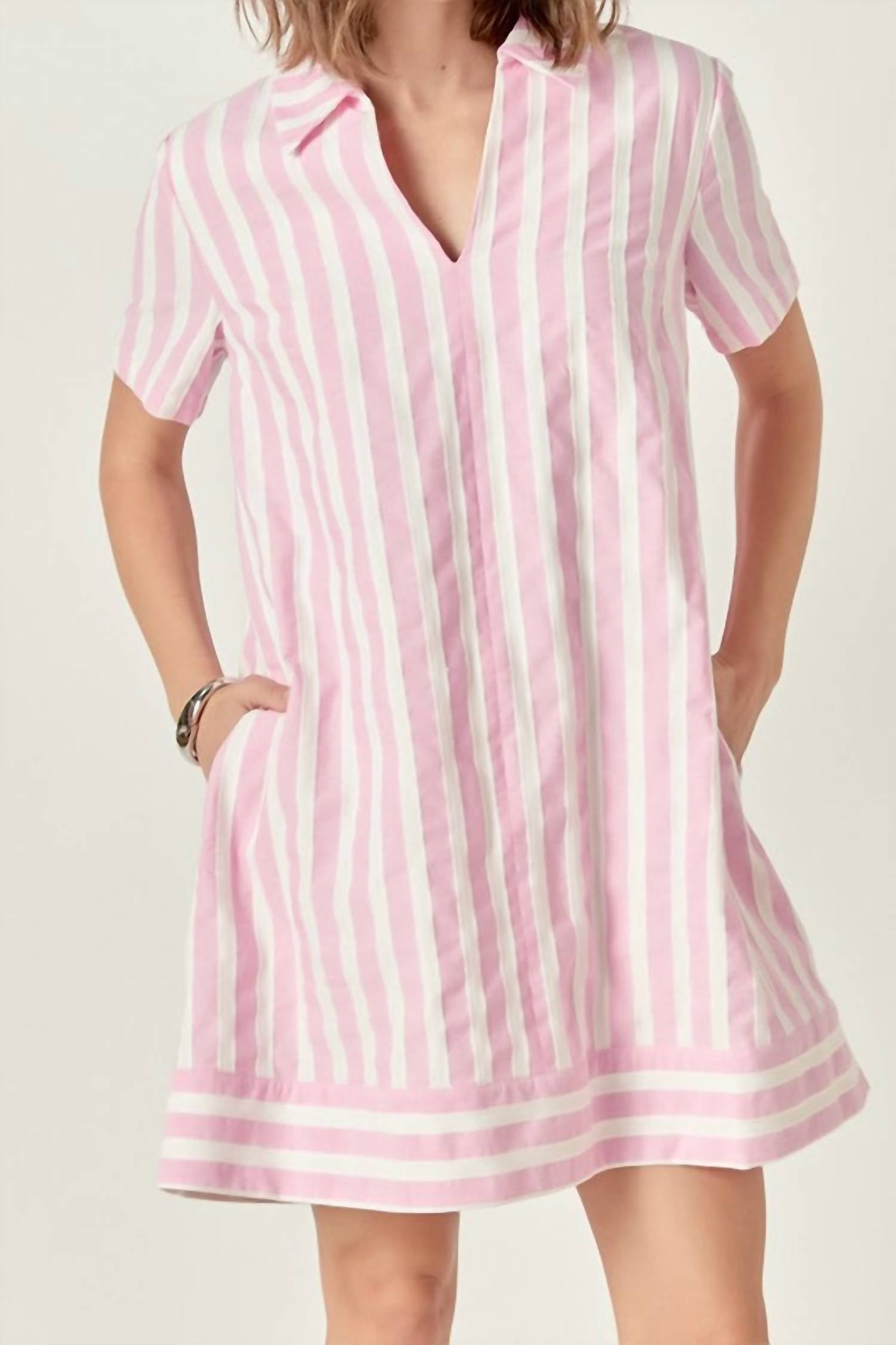 English Factory Stripe Jacquard Mini Shirtdress in pink white - women's dress