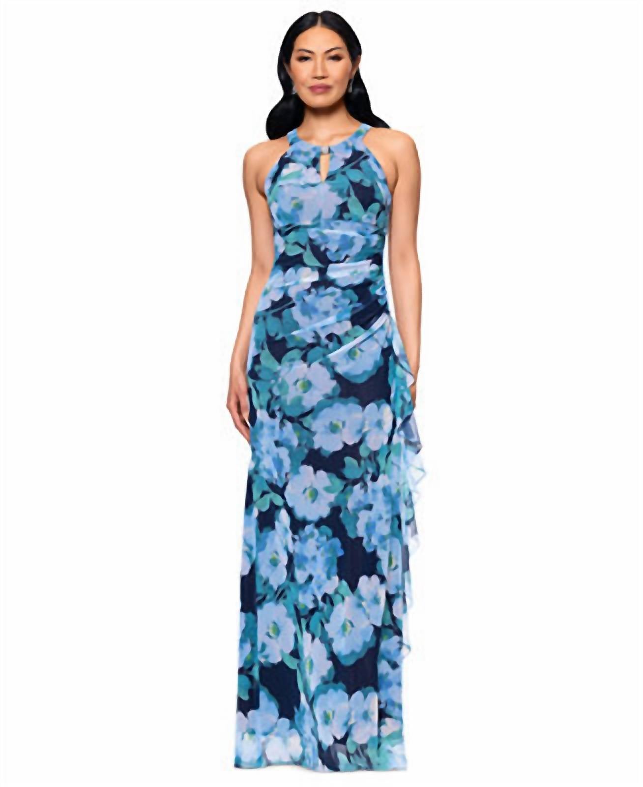 Betsy & Adam - Mesh Ruffle Maxi Swing Dress