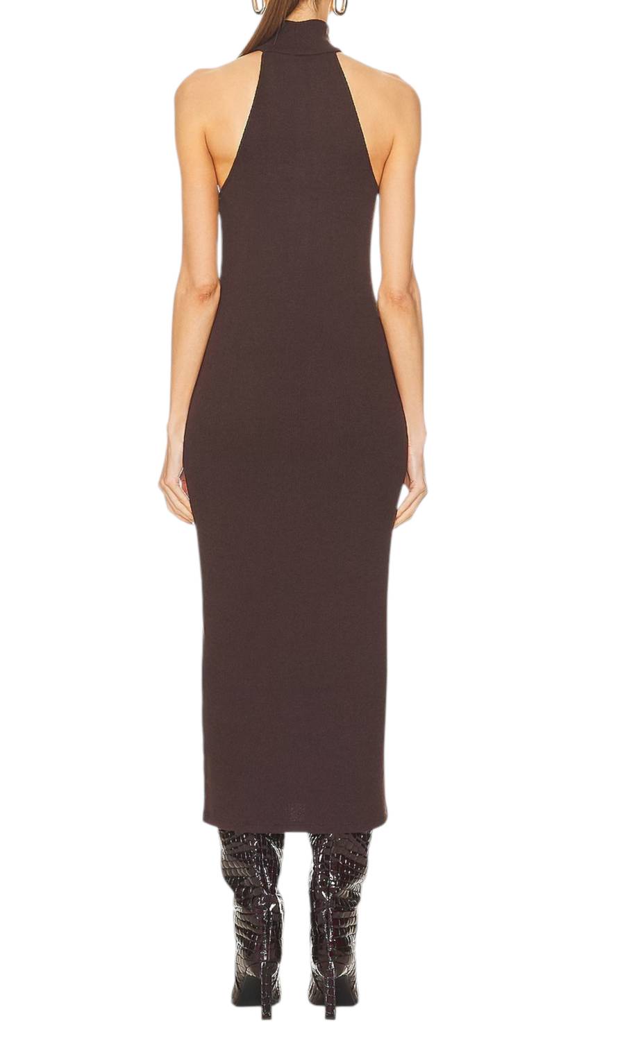 Enza Costa Knit Halter Turtleneck Fluid Dress in bitter brown - women's dress - detail view