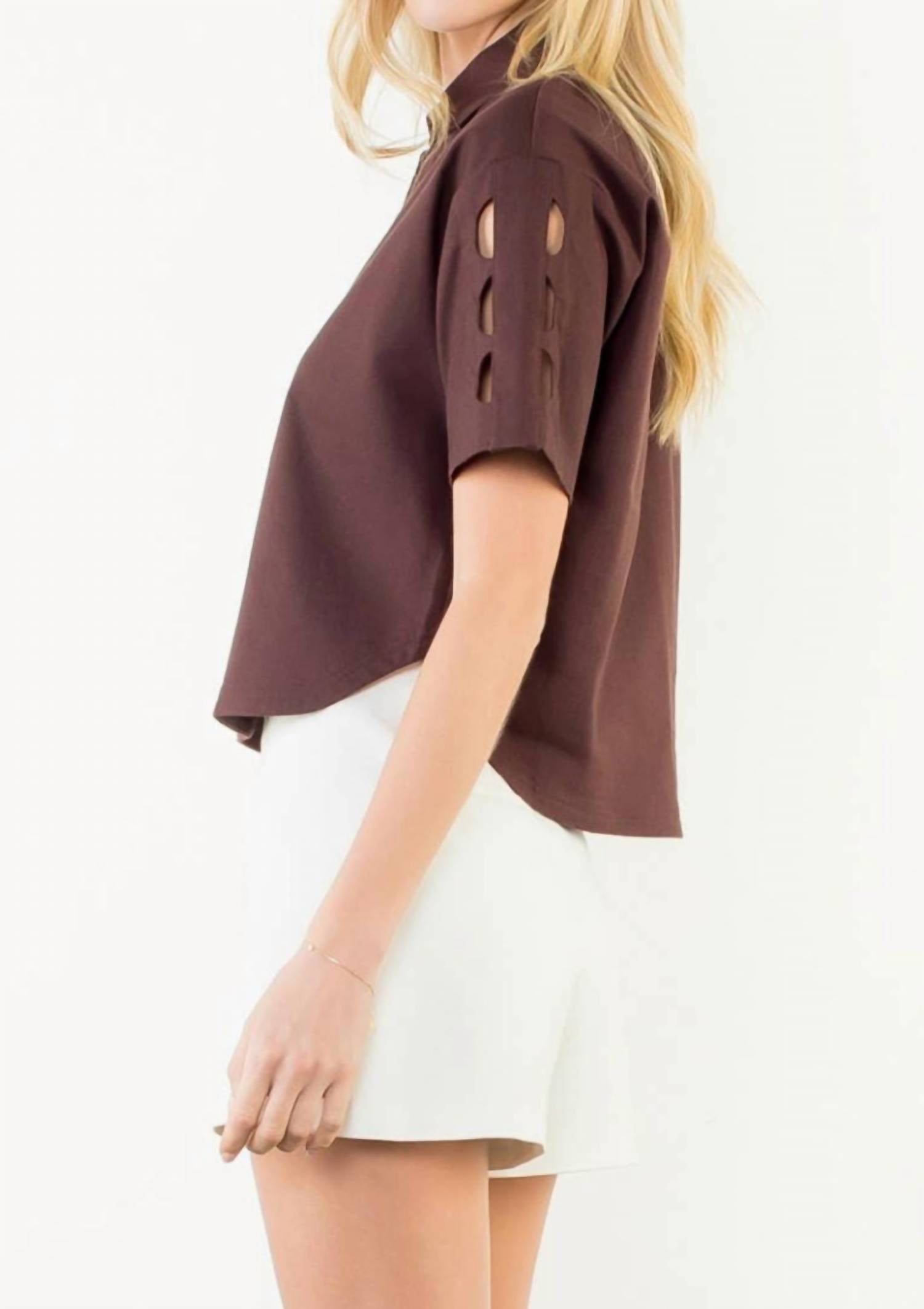 THML Women's Short Sleeve Cutout Top in brown - women's blouse - alternate view