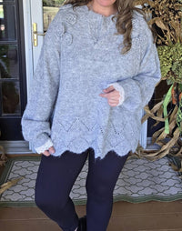 POL Floral Trim Sweater With Scallops And Lace Trim in heather grey - women's sweater - alternate view