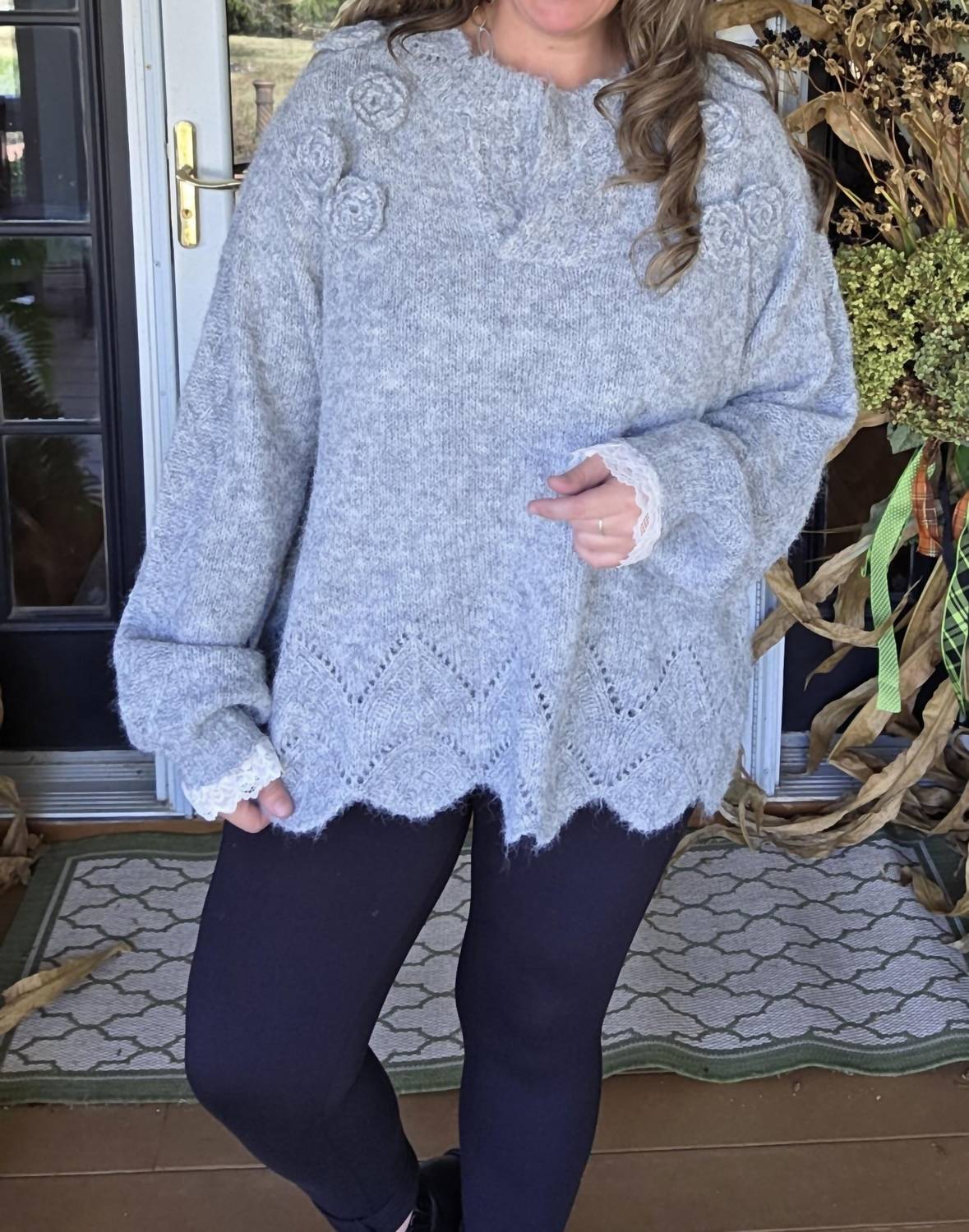 POL Floral Trim Sweater With Scallops And Lace Trim in heather grey - women's sweater - alternate view