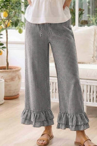 Vine & Love - Gingham Casual Ruffled Hem Cropped Pants