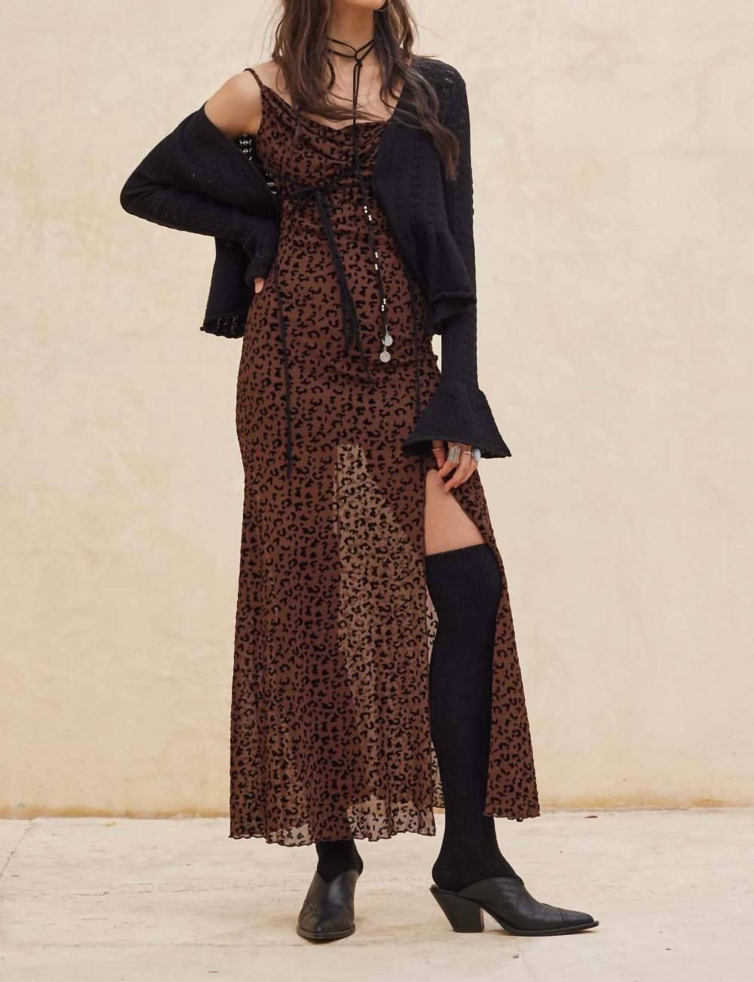 Promesa - Flocked Leopard Mesh Cowl Neck Maxi Dress