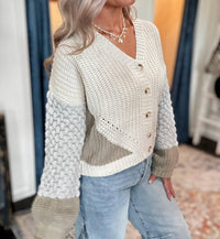 ee:some Chunky Button V-neck Cardigan in white - women's cardigan - detail view