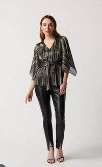 Joseph Ribkoff - PLEATED FOIL KNIT TOP WITH SHIRRED WAIST AND SASH