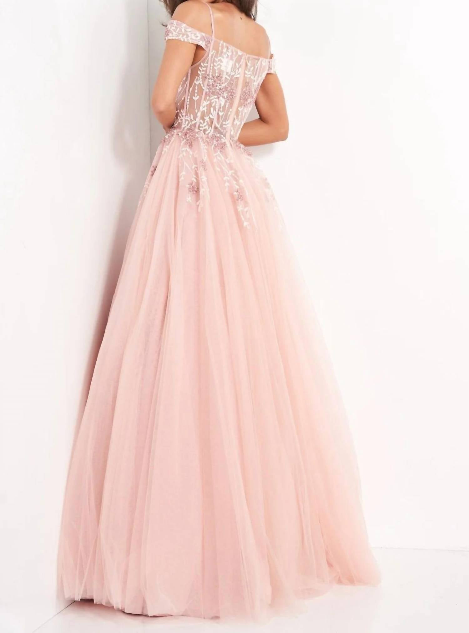 JOVANI Floral Ornate Corset Tulle Dress in blush - women's dress - detail view