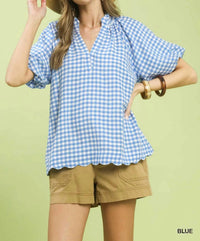 Umgee - Gingham Bubble Sleeve V-neck Top